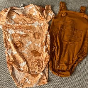 Kate Quinn Sunflower onesie and Bubble Overall Suit